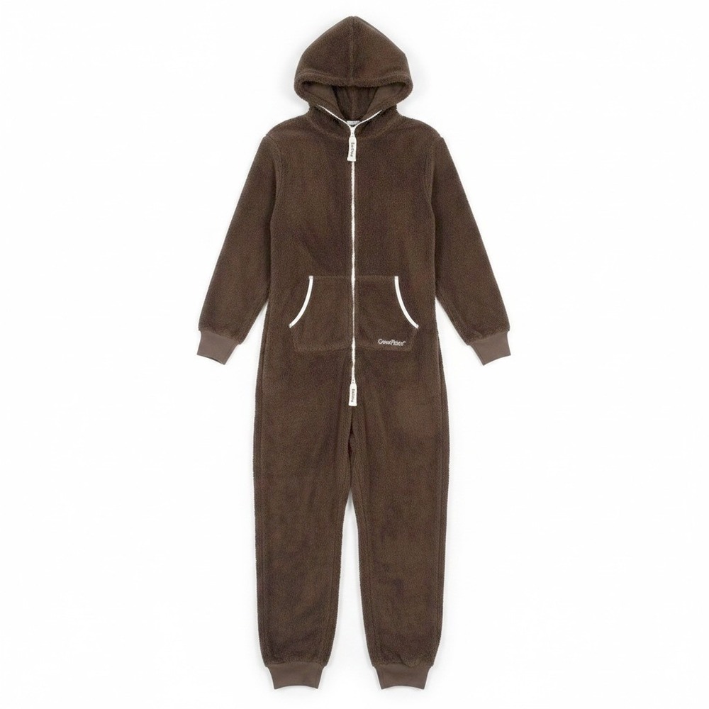 OnePiece Jumpin Jumpsuit Mens S Brown Teddy Fleece Hooded Full Zip Loungewear